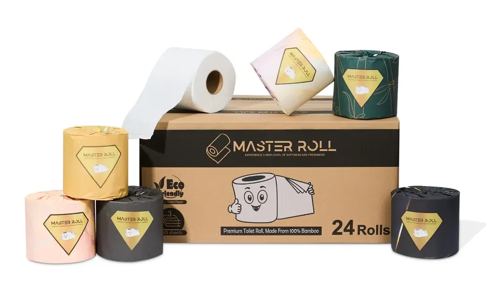 Master Roll 24-roll box of bamboo toilet paper with paper-wrapped rolls around it and an unwrapped roll on top