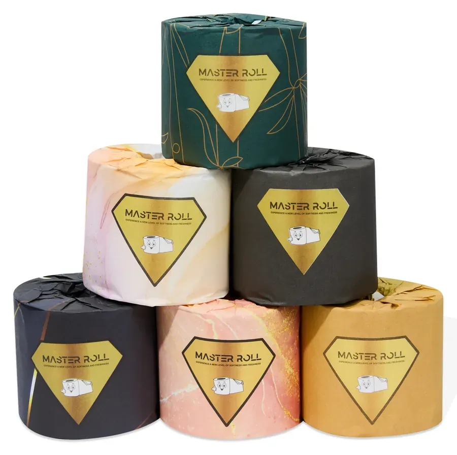 Six Master Roll bamboo toilet rolls stacked in a pyramid, each in a different printed paper wrap with a gold diamond label
