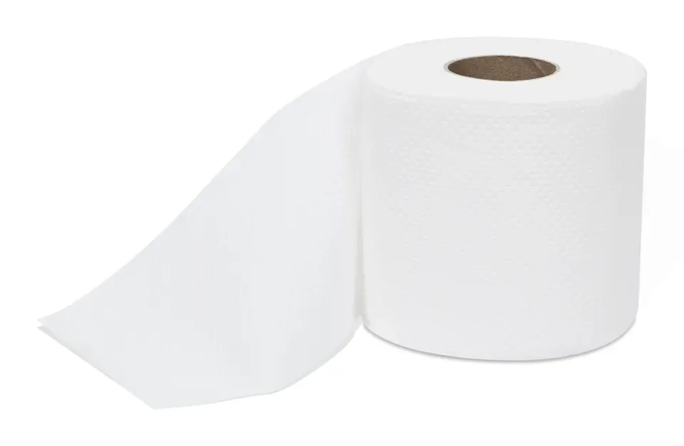 An unwrapped roll of white 3-ply Master Roll bamboo toilet paper with the first sheets pulled out