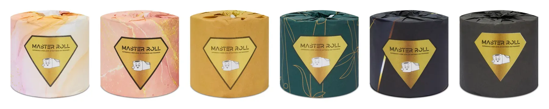Six Master Roll toilet rolls in a row, each in a different printed paper wrap: cream marble, pink marble, mustard, green leaf, navy and charcoal
