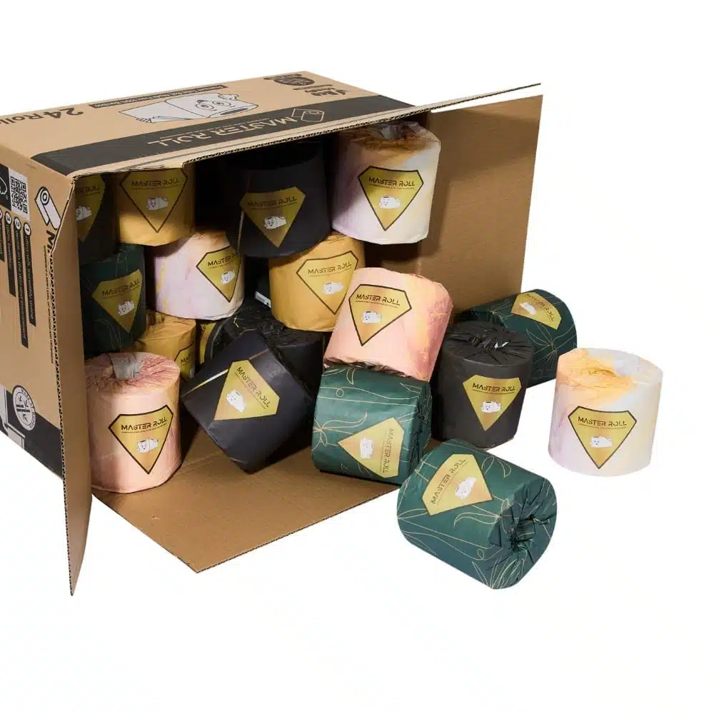 An open Master Roll delivery box filled with toilet rolls, each individually wrapped in printed paper