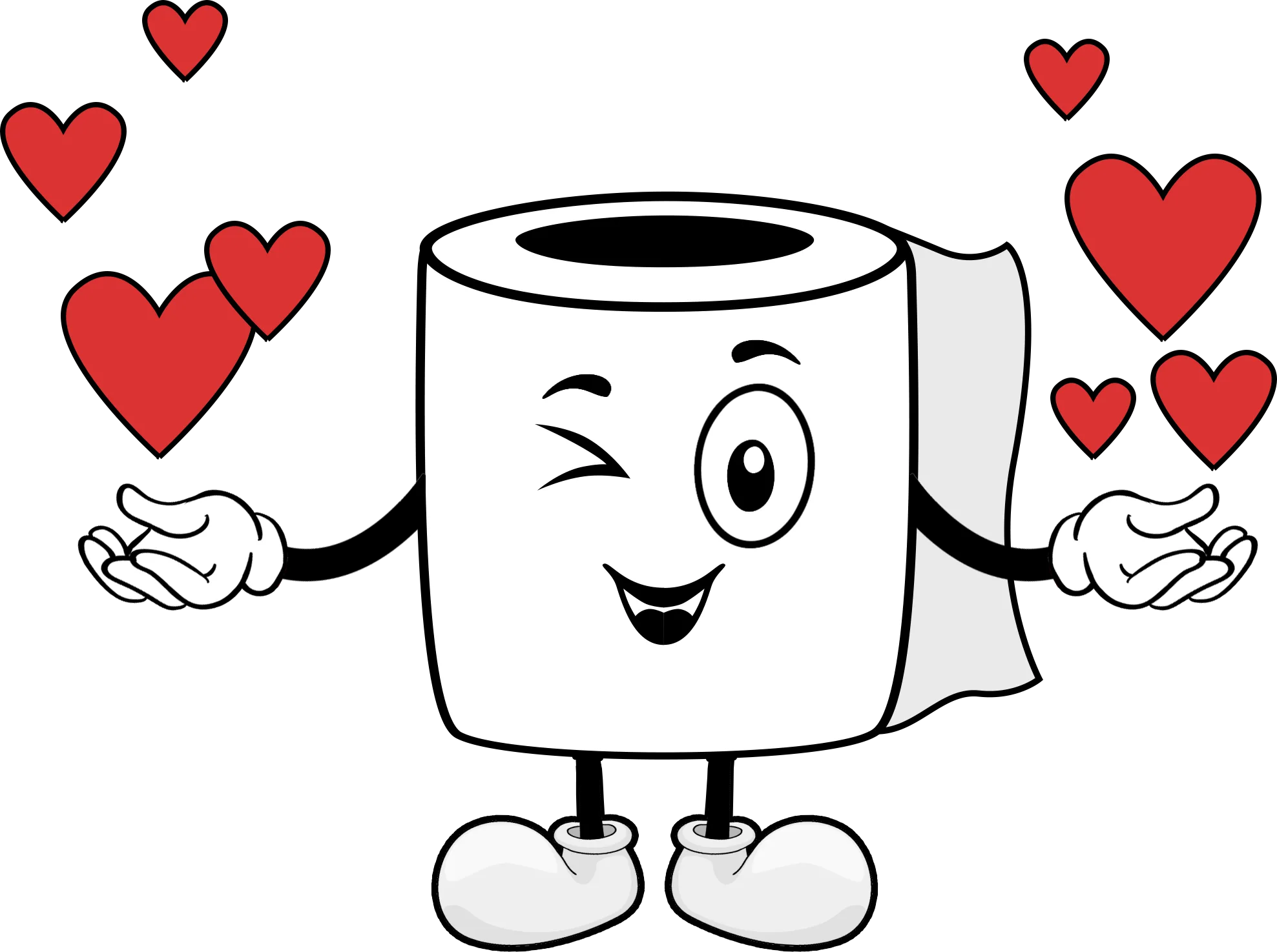 Master Roll toilet roll character winking, surrounded by red hearts