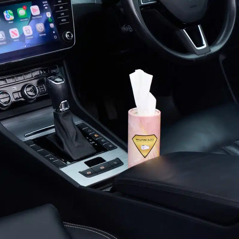 Master Roll bamboo car tissues 12 pack inside a car