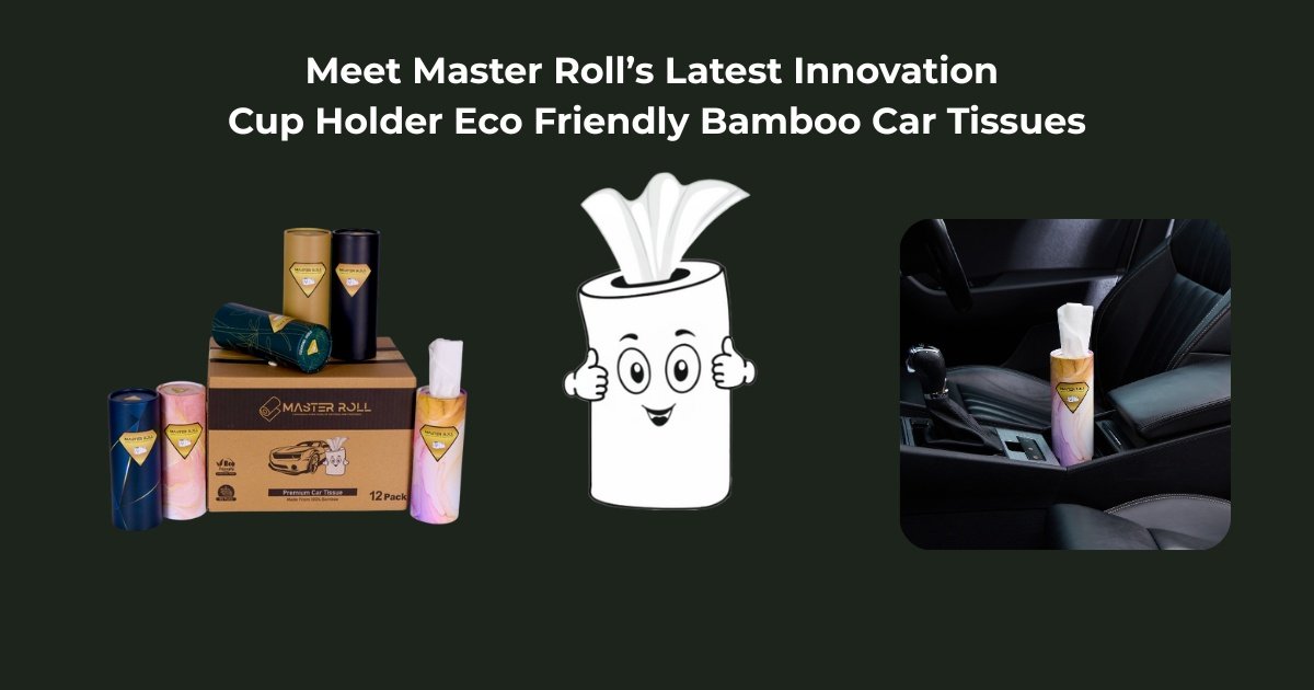 Master Roll eco friendly bamboo car tissues in a cup holder – sustainable, soft and biodegradable