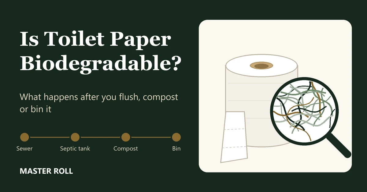 Illustration of a plain toilet roll with a magnifying glass showing the plant cellulose fibres that make up each sheet