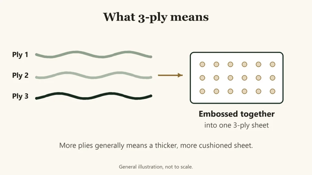 Illustration of three separate tissue plies being embossed together into one 3-ply sheet