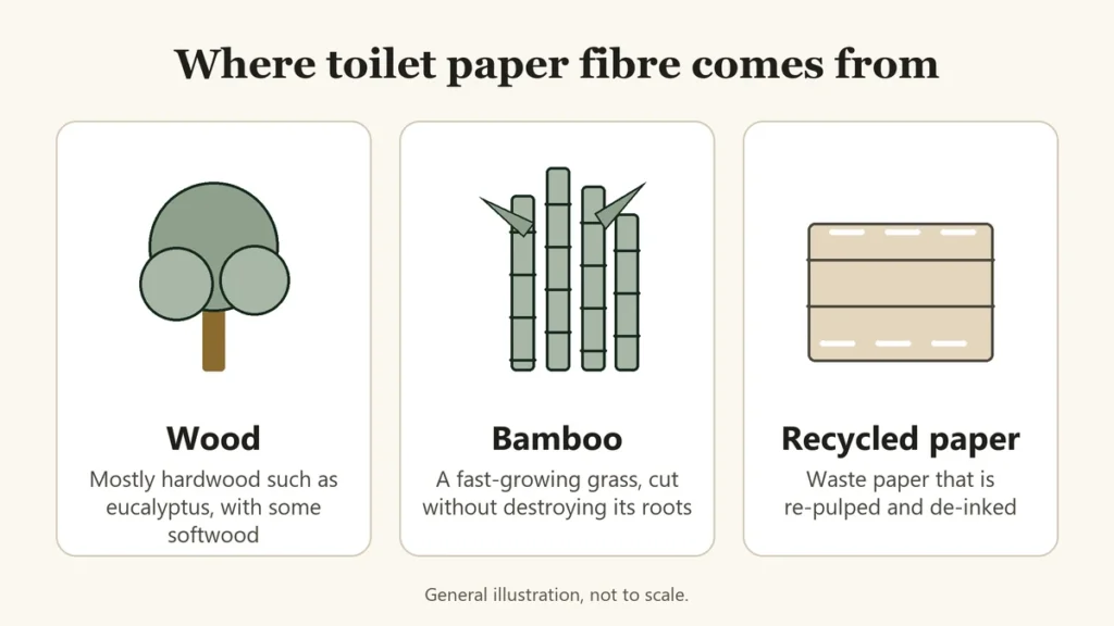 Illustration of the three main sources of toilet paper fibre: wood, mostly hardwood such as eucalyptus with some softwood; bamboo, a fast-growing grass; and recycled paper that is re-pulped and de-inked